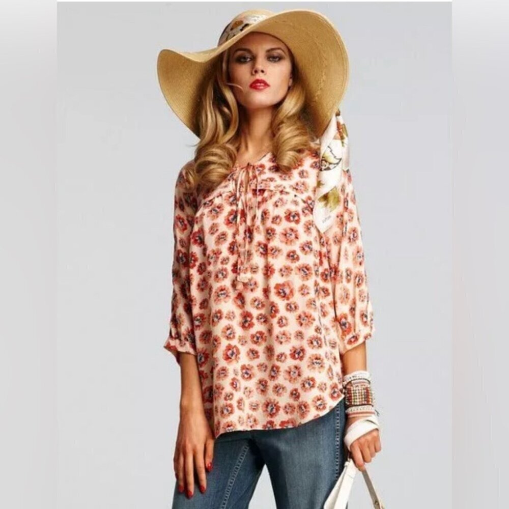 Rebecca Taylor Silk Blouse Poppy Floral Top 3/4 Sleeves Tie Front Boho Pink Sz 2